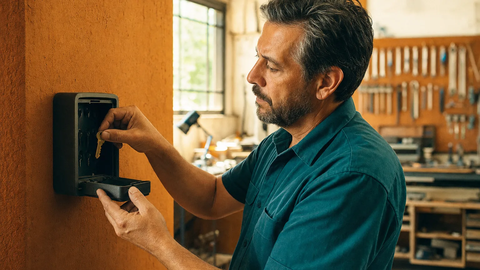 A man opening a small wall-mounted key safe in his workshop