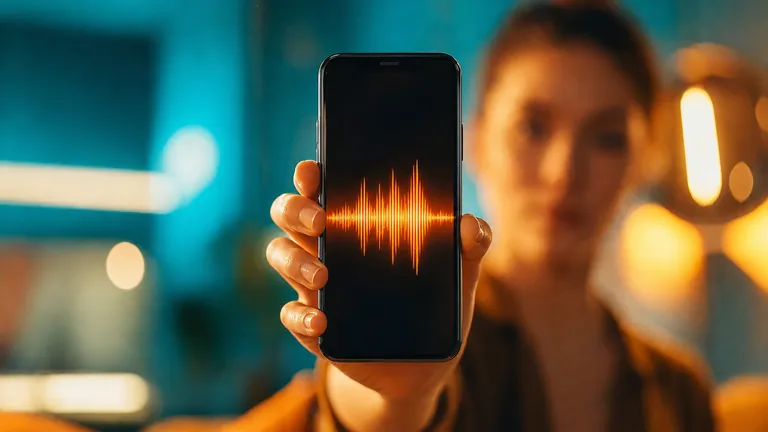 A woman holding up a smartphone that shows an orange sound wave