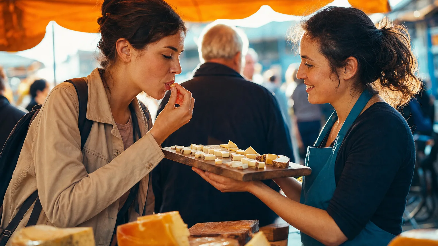 A woman tasting a cheese sample offered by a vendor at a market stall