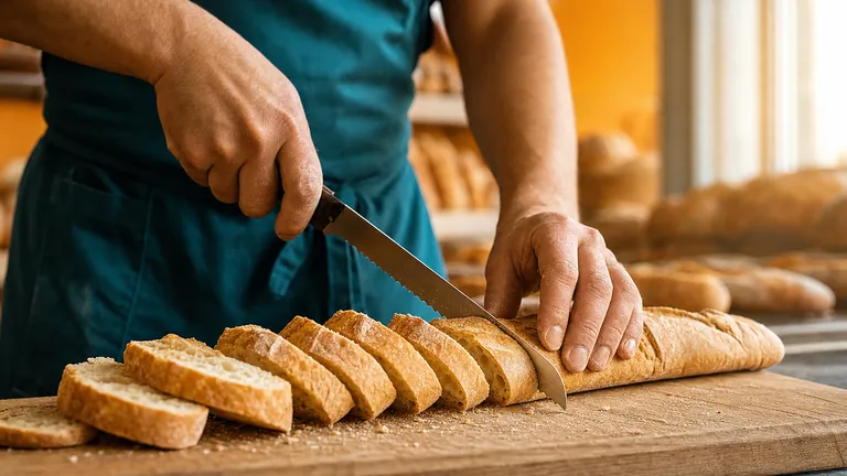 Hands slicing a baguette into even pieces on a wooden board