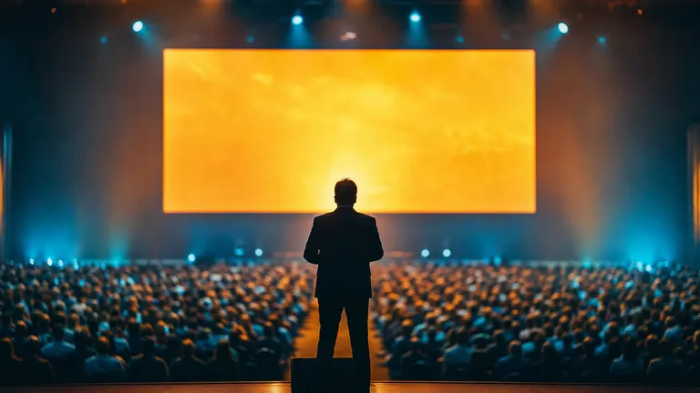 A speaker on a stage facing a large audience under a glowing screen