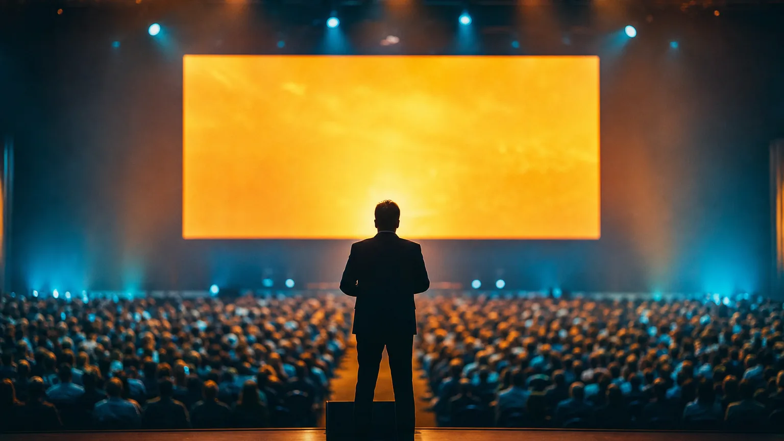 A speaker on a stage facing a large audience under a glowing screen