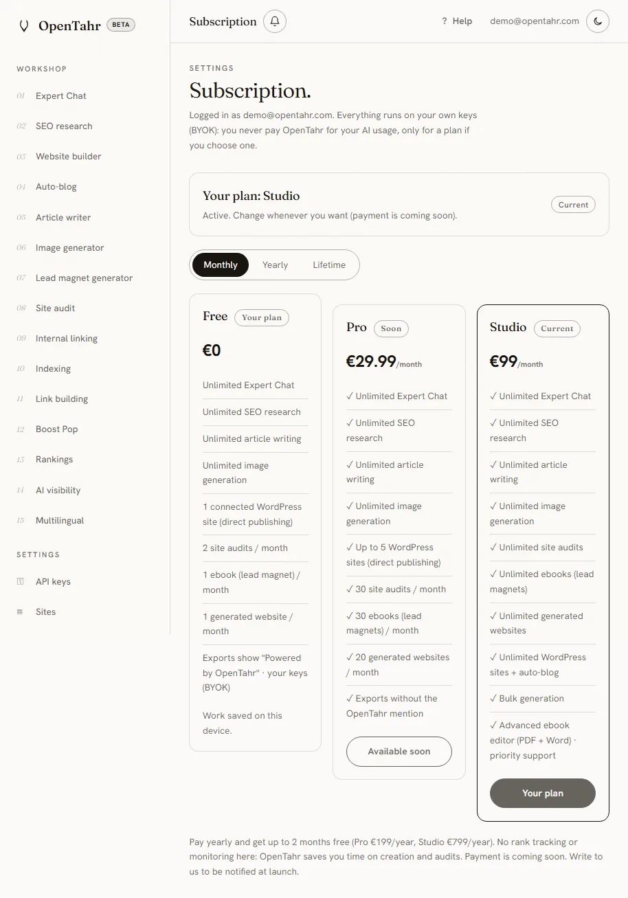 The OpenTahr Subscription page, with the Free, Pro and Studio plans and a monthly or yearly switch