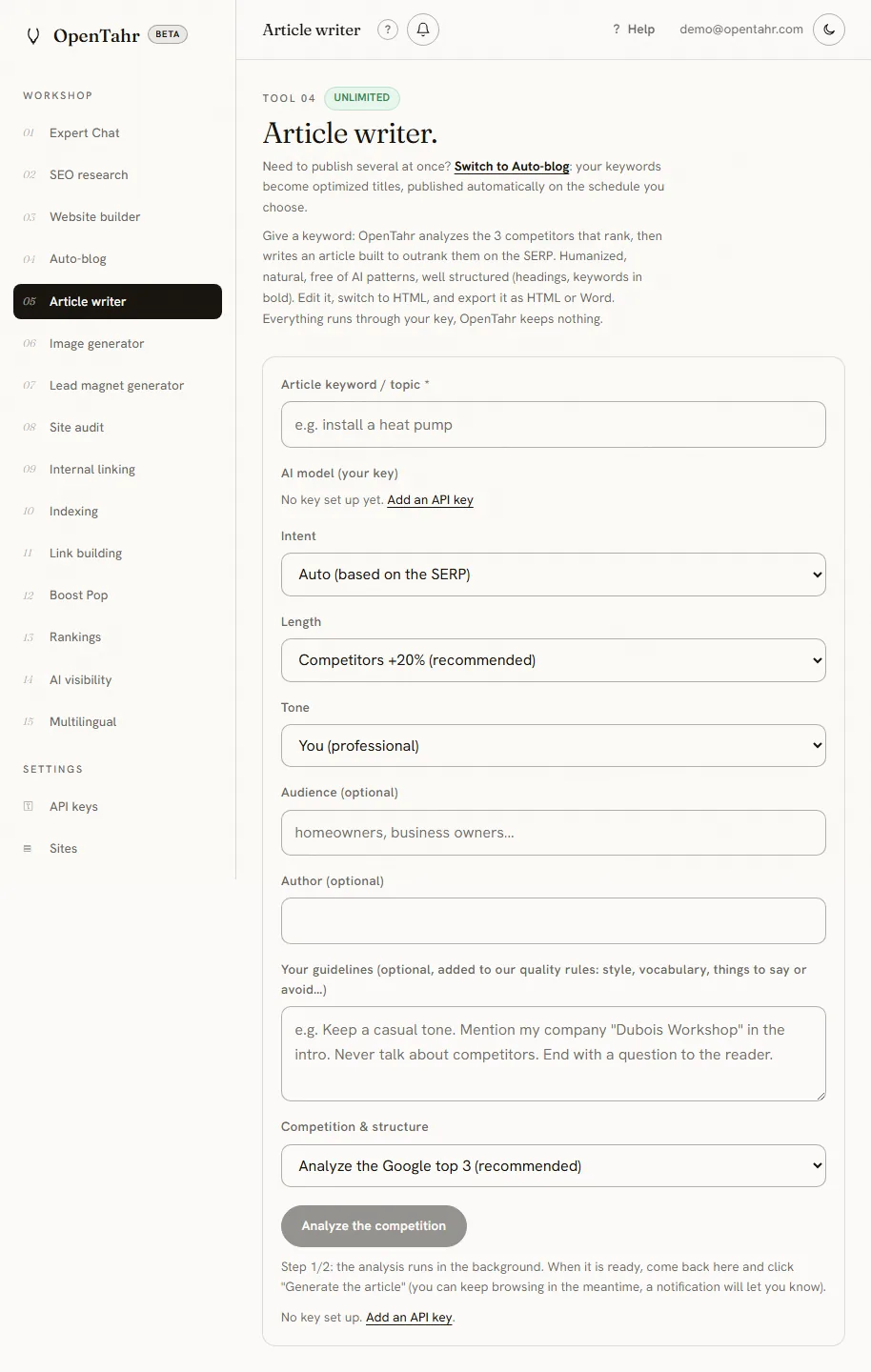 The OpenTahr Article writer page, with the keyword field and the writing options