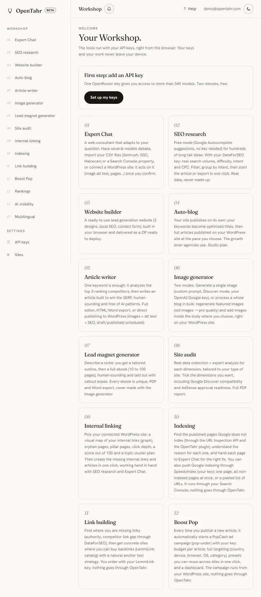 The OpenTahr workshop, with the sidebar listing the numbered tools and a card for each tool in the main area