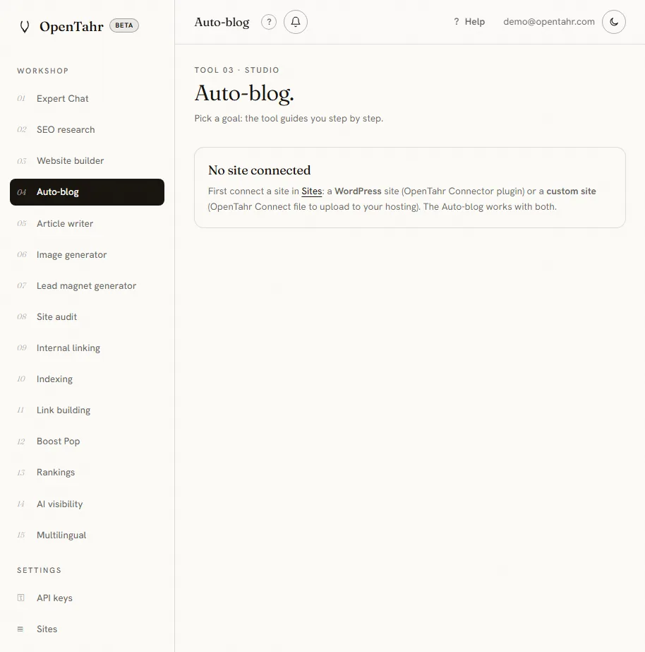 The OpenTahr Auto-blog page, with the keyword, schedule and title settings
