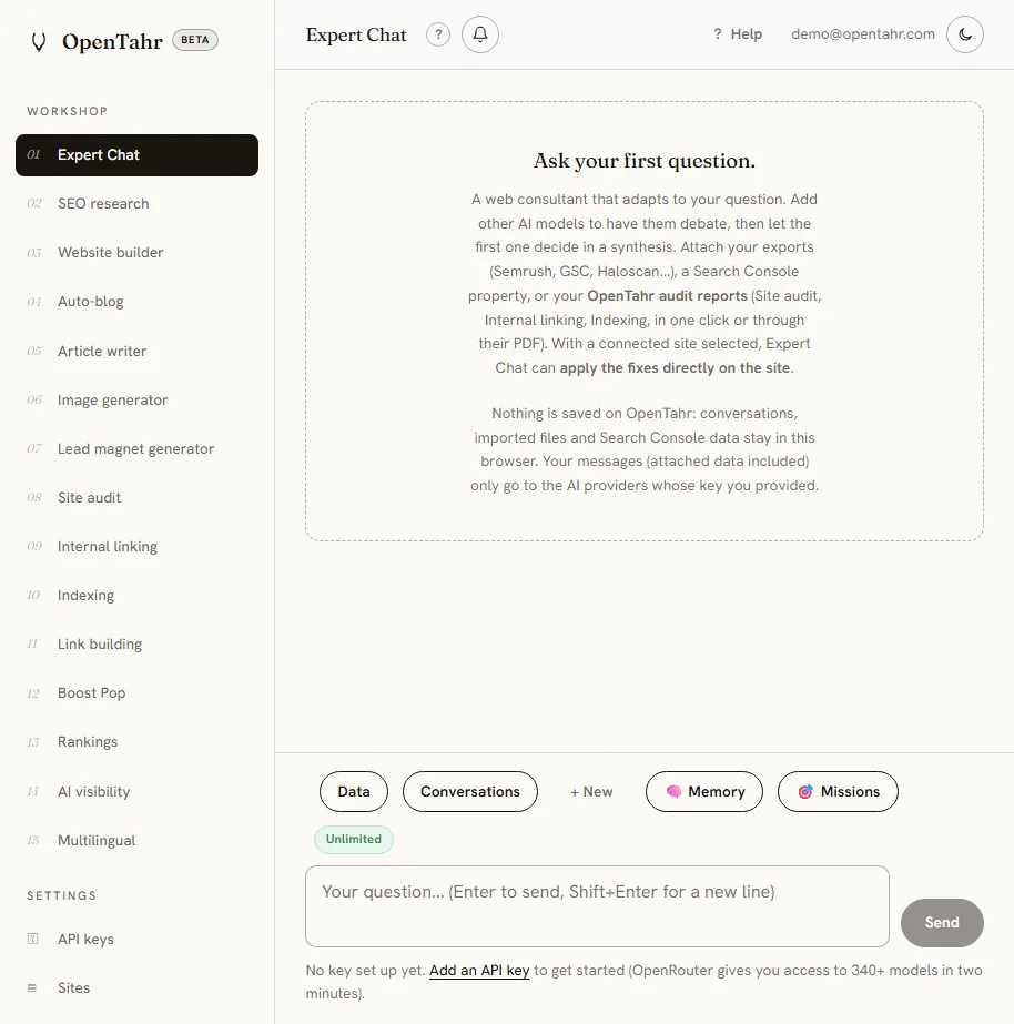 The OpenTahr Expert Chat page, with the question box and the Data, Conversations, Memory and Missions buttons
