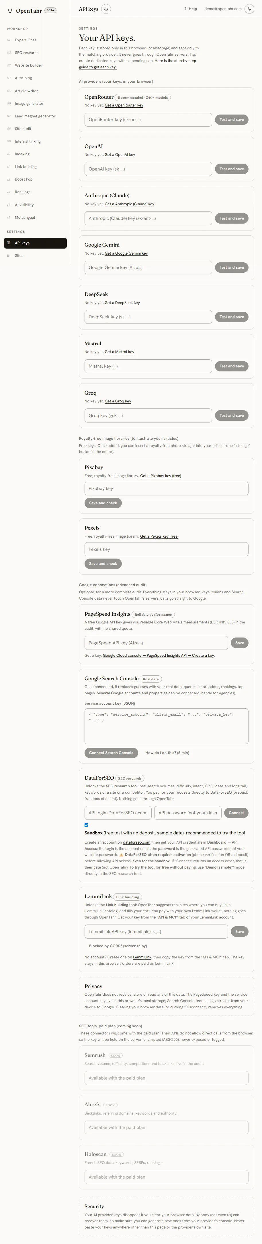 The OpenTahr API keys page, with a list of AI providers and a field to paste a key next to each one