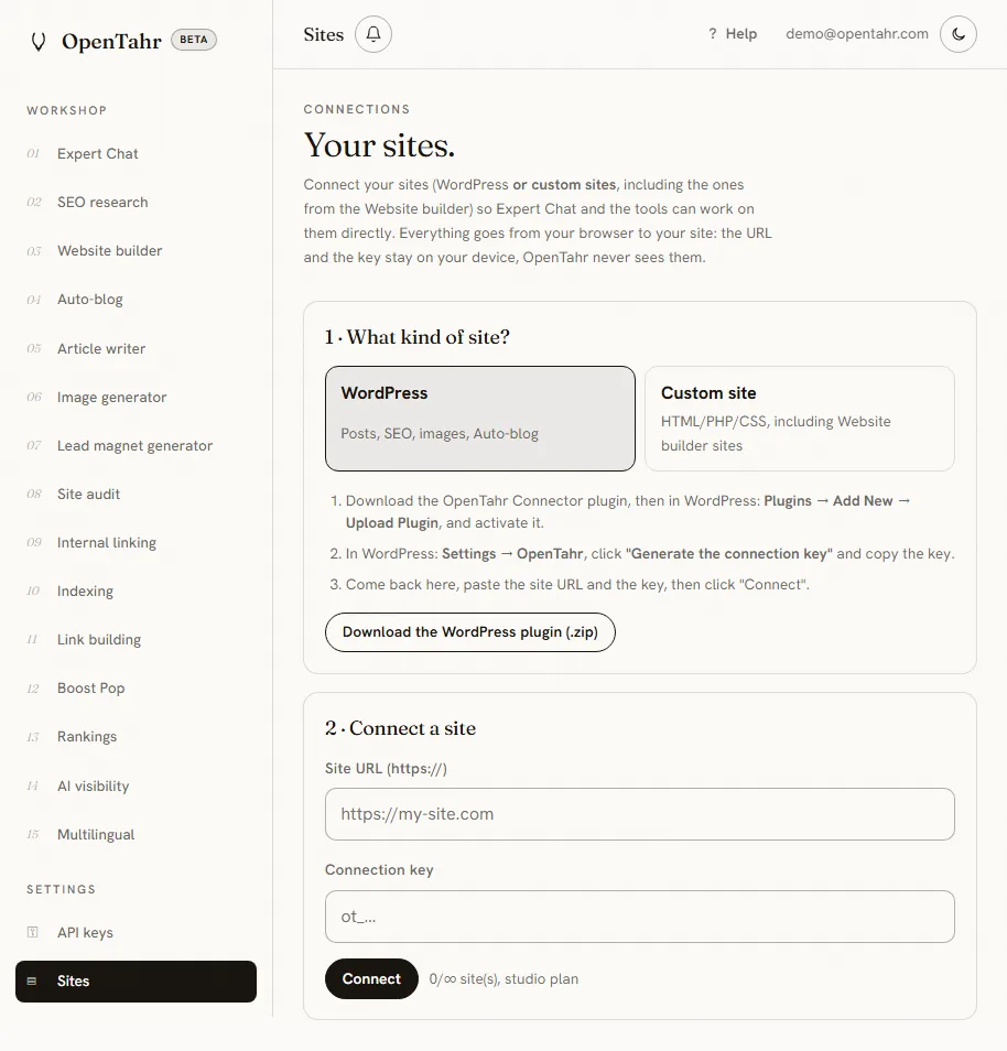 The OpenTahr Sites page, where you connect a site and choose between WordPress and a custom site