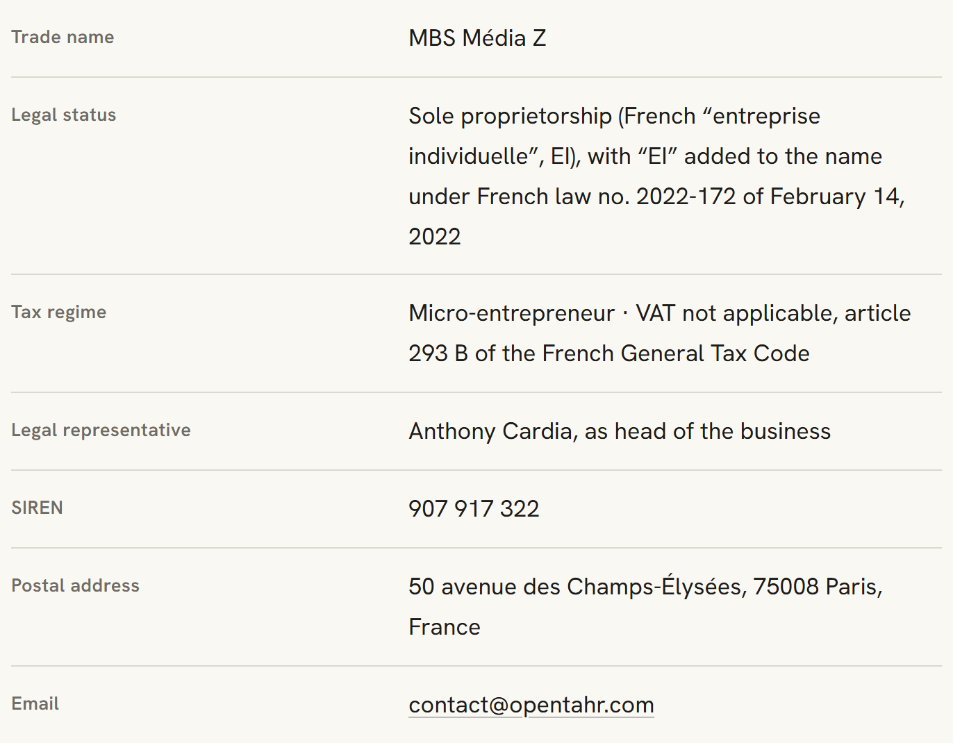 Information about the site publisher with trade name, legal status, tax regime, legal representative, SIREN number, postal address and email